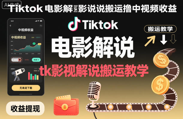 Tiktok电影解说搬运撸中视频收益，tk影视解说搬运教学-数智网创