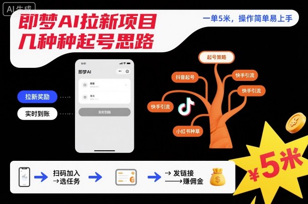 即梦AI拉新项目几种起号思路，一单5米，操作简单易上手-数智网创
