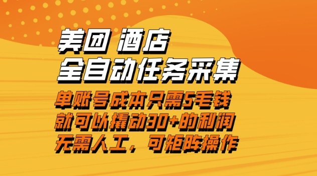 美团酒店全自动任务采集，单账号几毛钱就能撬动30+利润，成本低，操作简单，当天到账【揭秘】-数智网创