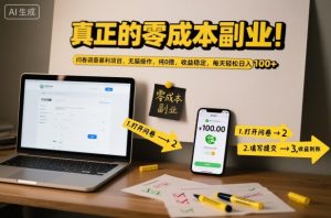 真正的零成本副业！问卷调查暴利项目，无脑操作，纯0撸，收益稳定，每天轻松日入100+【揭秘】-数智网创