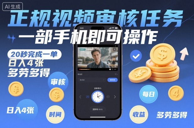 正规视频审核任务,一部手机即可操作,20秒完成一单,日入4张,多劳多得【揭秘】-数智网创