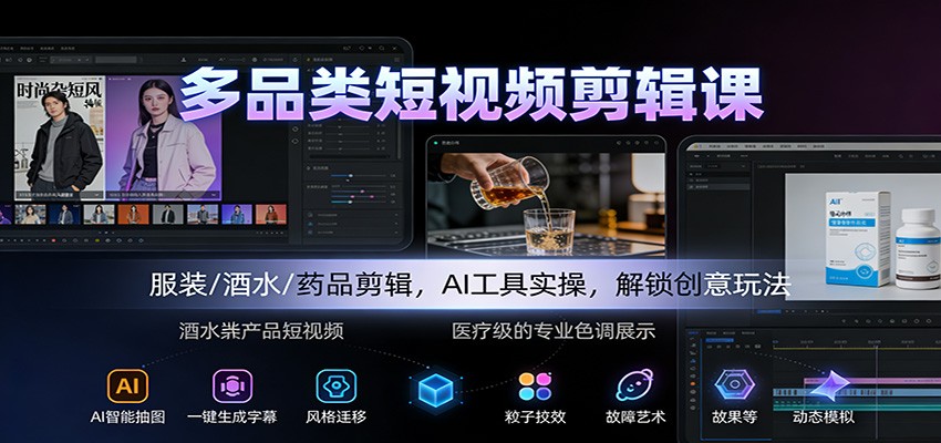 多品类短视频剪辑课：服装/酒水/药品剪辑，AI工具实操，解锁创意玩法-数智网创