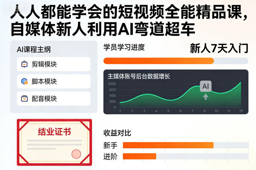 人人都能学会的短视频全能精品课，自媒体新人利用AI弯道超车-数智网创