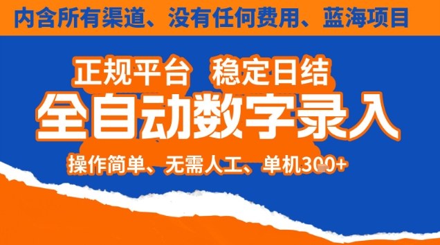 全自动数字录入，单机日入3张+，内含所有渠道全程免费零成本，操作简单可矩阵开干【揭秘】-数智网创