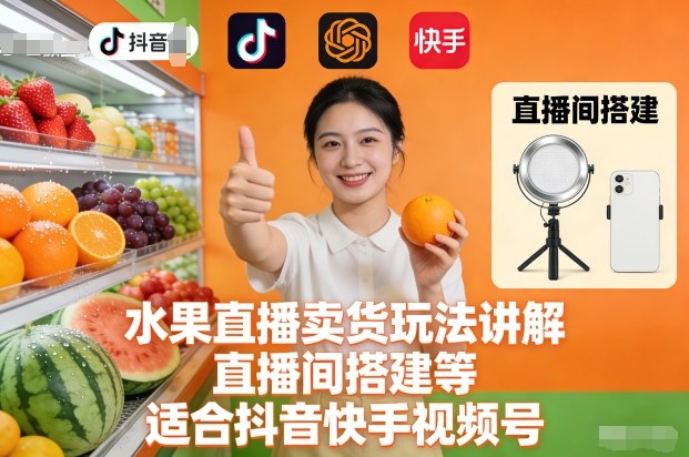 水果直播卖货玩法讲解、直播间搭建等，适合抖音快手视频号-数智网创