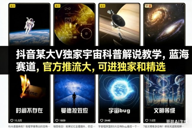 抖音某大V独家宇宙科普解说教学,蓝海赛道,官方推流大,可进独家和精选-数智网创