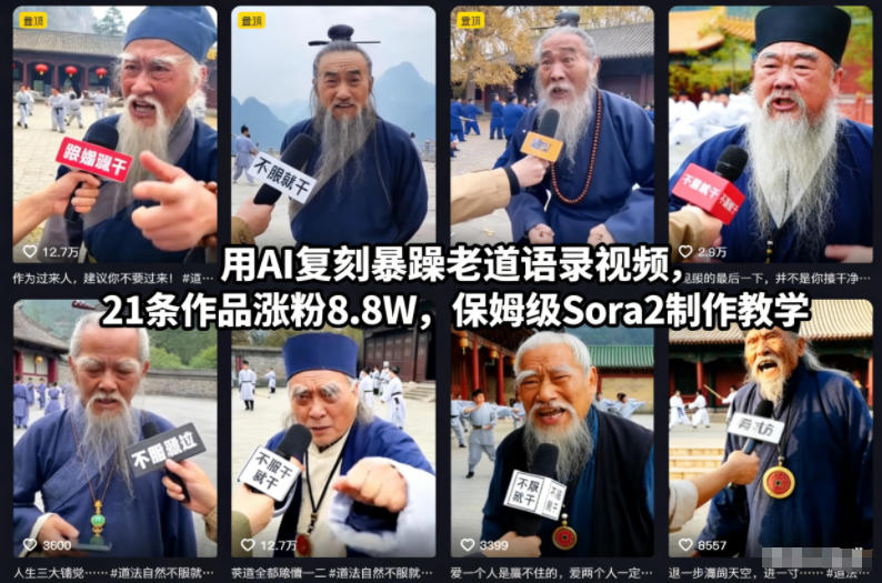 用AI复刻暴躁老道语录视频,21条作品涨粉8.8W,保姆级Sora2制作教学-数智网创