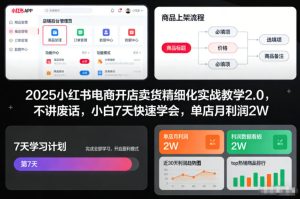 2025小红书电商开店卖货精细化实战教学2.0，不讲废话，小白7天快速学会，单店月利润2W-数智网创