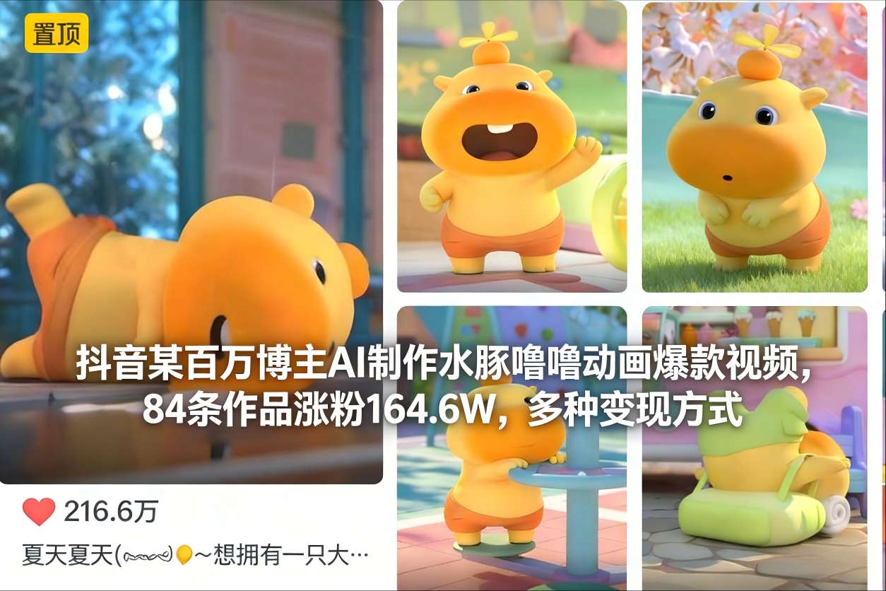 抖音某百万博主AI制作水豚噜噜动画爆款视频，84条作品涨粉164.6W，多种变现方式-数智网创