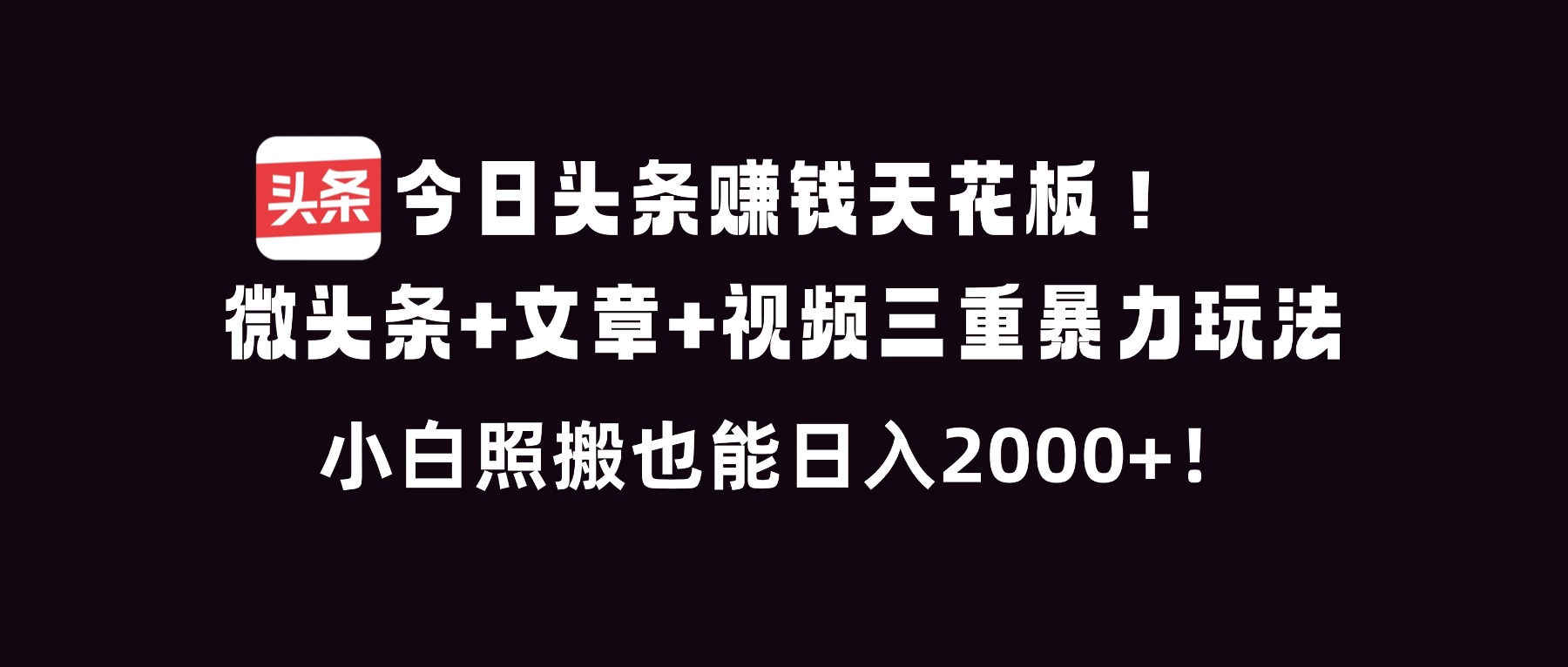今日头条赚钱天花板！微头条+文章+视频三重暴利玩法，小白照搬也能日人2000+-数智网创