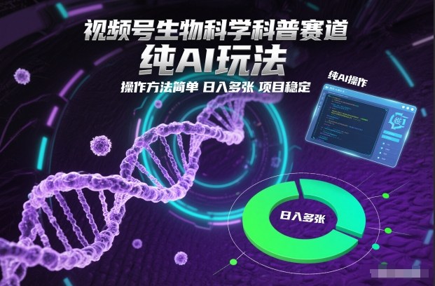 视频号生物科学科普赛道，纯AI玩法，操作方法简单，日入多张，项目稳定-数智网创