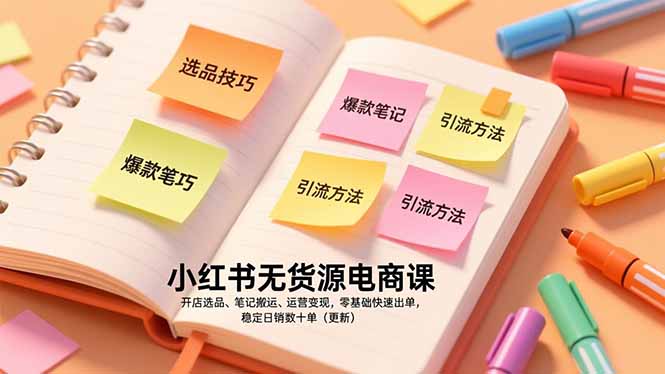 小红书无货源电商课，开店选品、笔记搬运、运营变现，零基础快速出单，稳定日销数十单(更新-数智网创