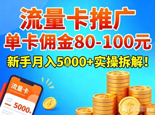 流量卡推广，单卡佣金80-100，新手月入5k+实操拆解！-数智网创