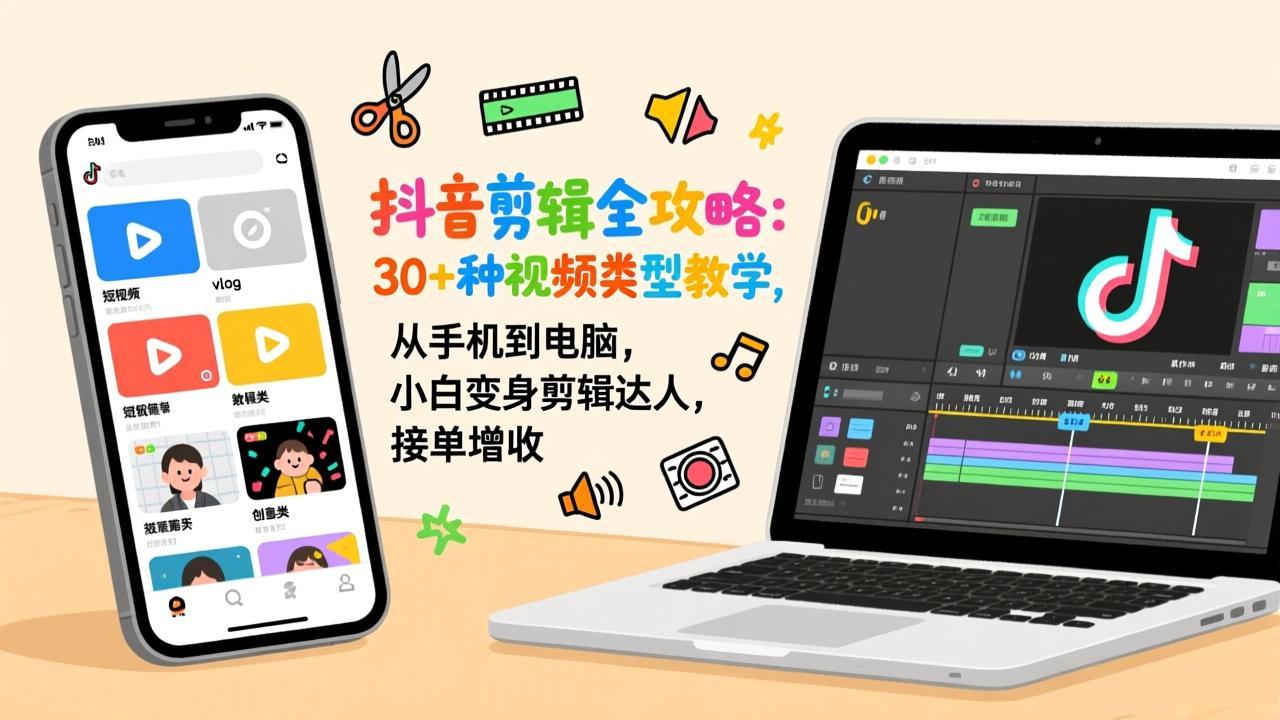 抖音剪辑全攻略：30+种视频类型教学，从手机到电脑，小白变身剪辑达人，接单增收-数智网创