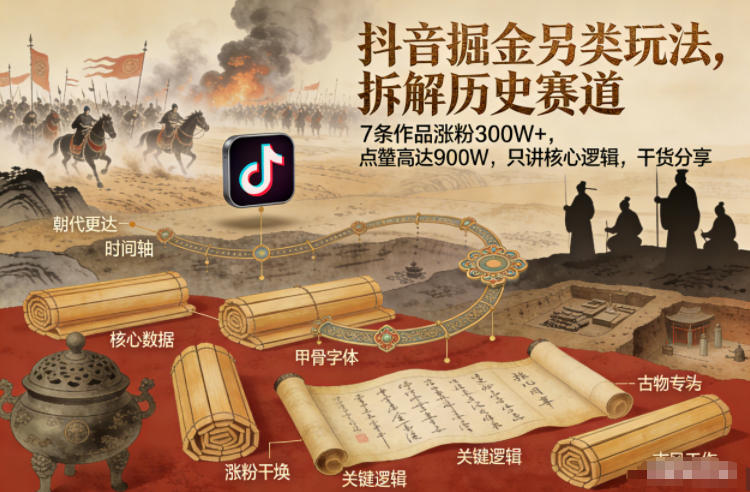 抖音掘金另类玩法，拆解历史赛道，7条作品涨粉300W+，点赞量高达900W，只讲核心逻辑，干货分享-数智网创