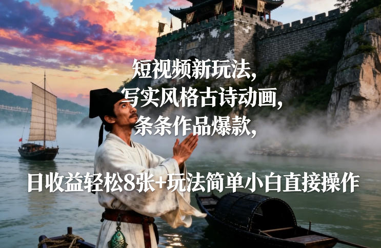 短视频新玩法，写实风格古诗动画，条条作品爆款，日收益轻松8张+玩法简单小白直接操作-数智网创