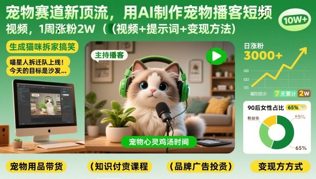 宠物赛道新顶流，用AI制作宠物播客短视频，1周涨粉2W(视频+提示词+变现方法)-数智网创