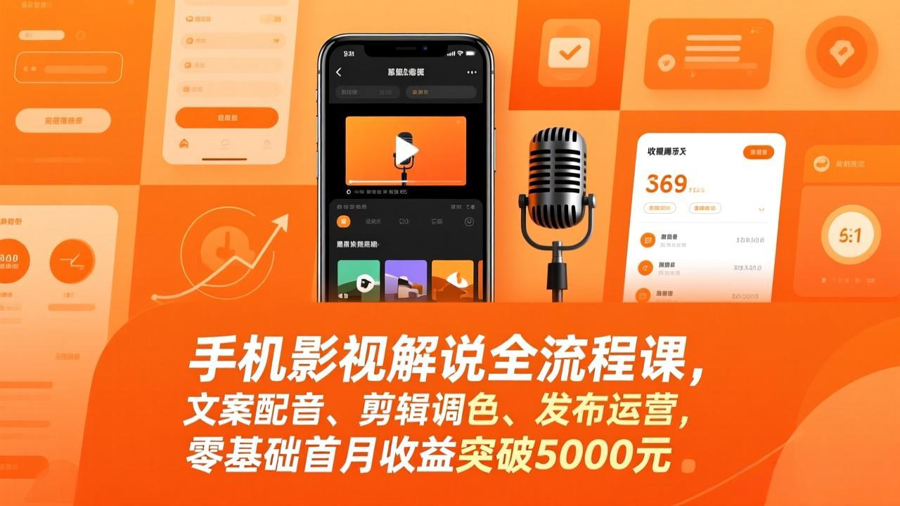 手机影视解说全流程课，文案配音、剪辑调色、发布运营，零基础首月收益突破5000元-数智网创