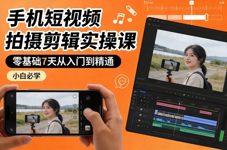 手机短视频拍摄剪辑实操课，零基础7天从入门到精通，小白必学-数智网创