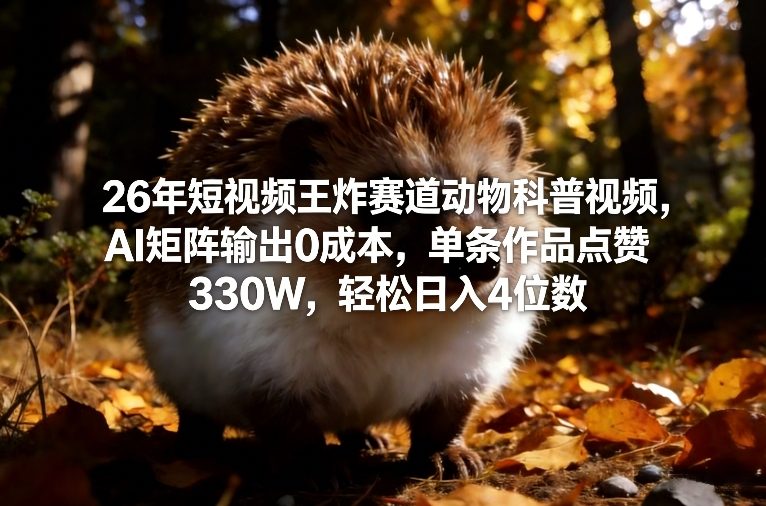 26年短视频王炸赛道动物科普视频，AI矩阵输出0成本，单条作品点赞330W，轻松日入4位数-数智网创