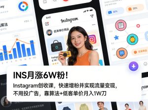 INS月涨6W粉!Instagram创收课,快速增粉并实现流量变现,不用用投广告,靠算法+低客单价月入1W刀-数智网创