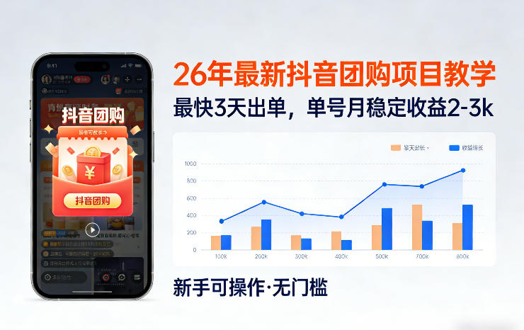 26年最新抖音团购项目教学，0门槛，最快3天出单，单号月稳定收益2-3k(更新3月19日)-数智网创