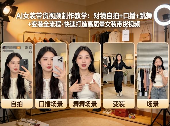 AI女装带货视频制作教学，对镜自拍、口播、跳舞、变装全流程，快速打造高质量女装带货视频-数智网创