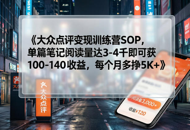 大众点评变现训练营SOP，单篇笔记阅读量达3-4千即可获100-140收益，每个月多挣5K+-数智网创