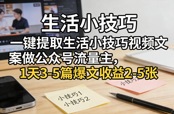 一键提取生活小技巧视频文案做公众号流量主,1天3-5篇爆文收益2-5张-数智网创