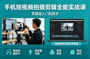 手机短视频拍摄剪辑全能实战课：零基础入门到高手，稳定器运镜+电脑剪映全套自学教程-数智网创