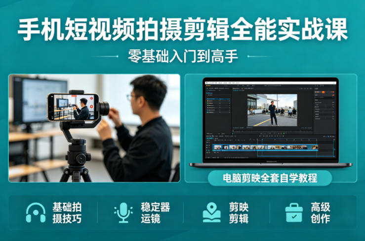 手机短视频拍摄剪辑全能实战课：零基础入门到高手，稳定器运镜+电脑剪映全套自学教程-数智网创