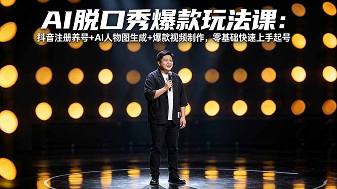 AI脱口秀爆款玩法课：抖音注册养号+AI人物图生成+爆款视频制作，零基础快速上手起号-数智网创