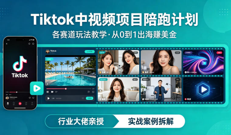 某大佬的Tiktok中视频项目陪跑，涵盖TK各个赛道玩法教学，从0到1出海賺美金-数智网创