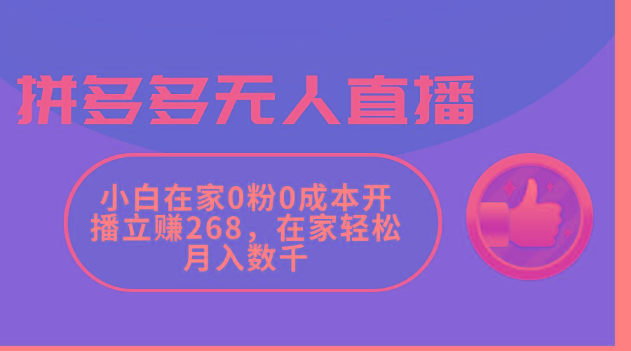 拼多多无人直播，小白在家0粉0成本开播立赚268，在家轻松月入数千-数智网创