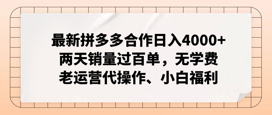 拼多多最新合作日入4000+两天销量过百单，无学费、老运营代操作、小白福利-数智网创