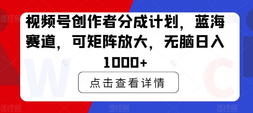 视频号创作者分成计划，蓝海赛道，可矩阵放大，无脑日入1000+-数智网创