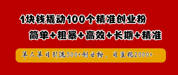 1块钱撬动100个精准创业粉，简单粗暴高效长期精准，单人单日引流500+创业粉，日变现2k【揭秘】-数智网创