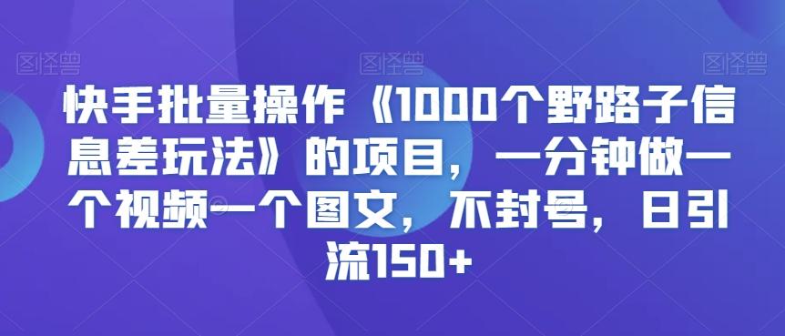 快手批量操作《1000个野路子信息差玩法》的项目，一分钟做一个视频一个图文，不封号，日引流150+【揭秘】-数智网创