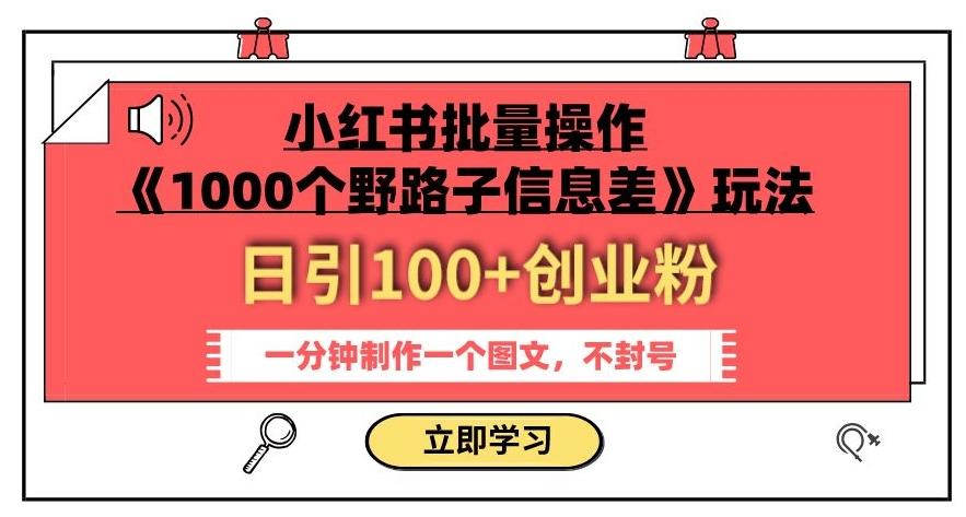 小红书批量操作《1000个野路子信息差》玩法，一分钟制作一个图文，不封号，日引100+创业粉-数智网创