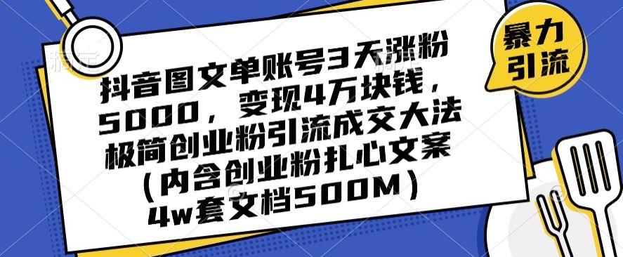 抖音图文单账号3天涨粉5000，变现4万块钱，极简创业粉引流成交大法-数智网创