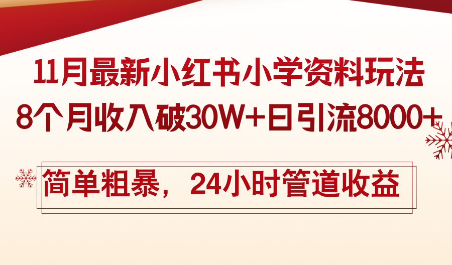 11月份最新小红书小学资料玩法，8个月收入破30W+日引流8000+，简单粗暴-数智网创
