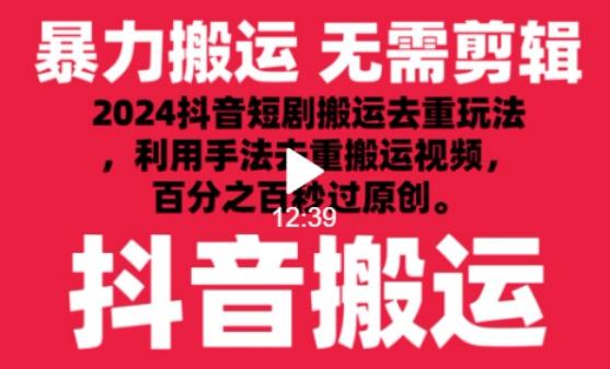 2024最新抖音搬运技术，抖音短剧视频去重，手法搬运，利用工具去重，达到秒过原创的效果【揭秘】-数智网创