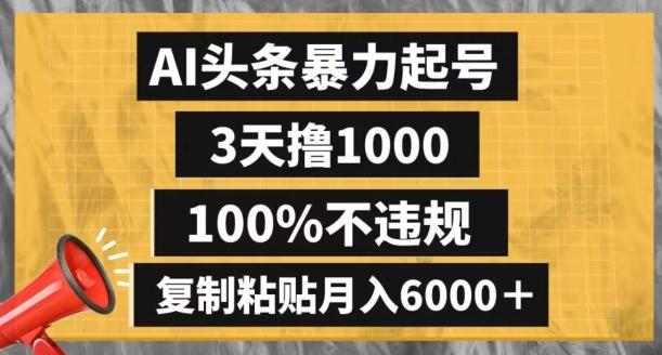 AI头条暴力起号，3天撸1000,100%不违规，复制粘贴月入6000＋【揭秘】-数智网创