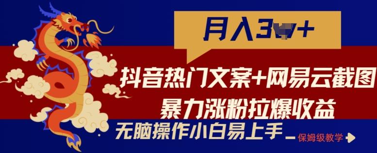 抖音热门文案+网易云截图暴力涨粉拉爆收益玩法，小白无脑操作，简单易上手【揭秘】-数智网创