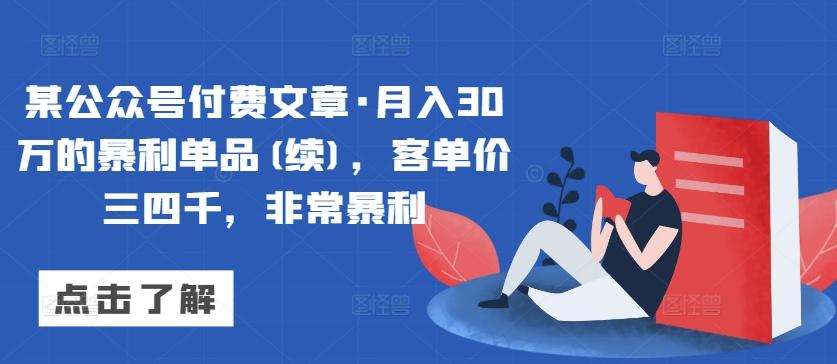 某公众号付费文章·月入30万的暴利单品(续)，客单价三四千，非常暴利-数智网创