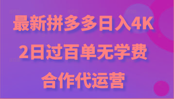 最新拼多多，日入4K+，2日过百单无学费，合作代运营-数智网创