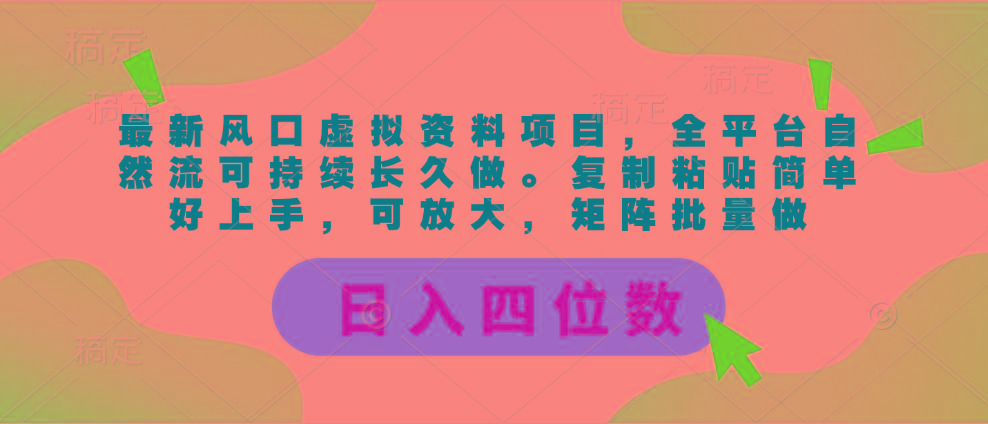 最新风口虚拟资料项目，全平台自然流可持续长久做。复制粘贴 日入四位数-数智网创